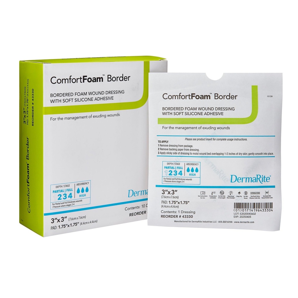 DermaRite ComfortFoam Border, Foam Wound Dressing, Latex, 3 in, 1 ct | Flexible and Soft Silicone, Self Adhesive, No Natural Rubber Latex