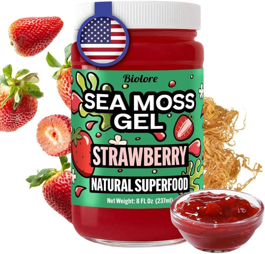 Biolore Strawberry Sea Moss Gel Made in USA Raw Wildcrafted Irish Seamoss, Essential Vitamiinit, Trace Minerals, Vegan Superfood, Trial Koko 8 Fl Oz (Pack of 1)