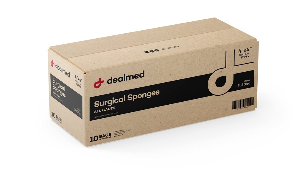 Dealmed 4x4 12-Ply Surgical Sponges - Absorbent Gauze - 2000 Count Case | 100% Cotton, Nonstick Outer Layer, No Exposed Edges, 200 Ct Sleeves, Wound Dressing, First Aid Kits, EMT Use