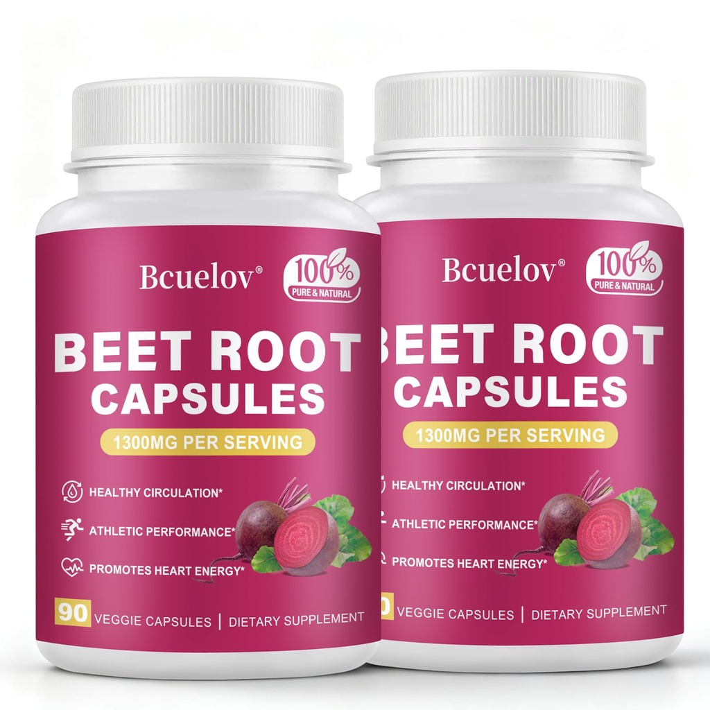 Beet Root Capsules 2 Bottles| 1300mg Pure Beetroot Powder Capsules – Supports Blood Pressure, Natural Energy & Endurance - 180 Capsules, 90 Days Supply