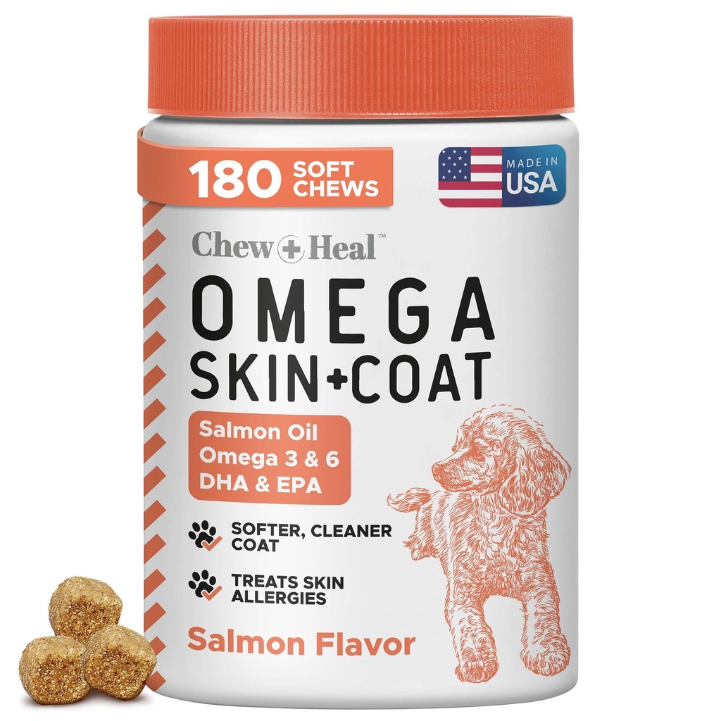 Omega 3 Fish Oil for Dogs, Salmon Flavor - 180 Soft Chews for Skin and Coat | For Shedding & Hot Spots - Skin and Coat Supplement - Salmon Oil, EPA, & DHA - Allergy Chews - Made in USA