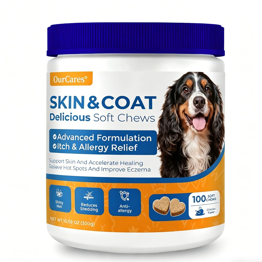 Omega 3 Fish Oil for Dogs Skin & Coat, Allergy & Itch 100 Ct | Pure wild Alaskan salmon oil with 180mg EPA + 120mg DHA per chew. For skin, coat, shedding, itch & seasonal allergies.