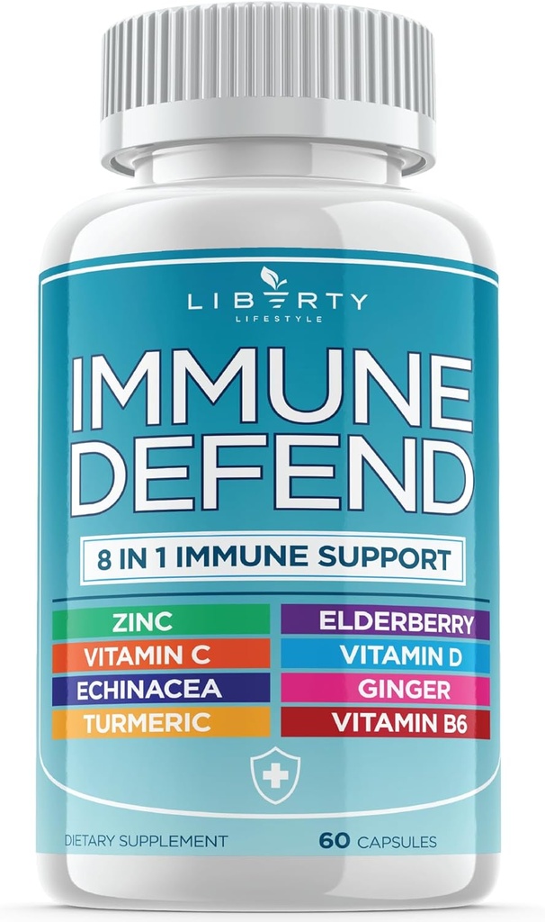 8 en 1 Soporte de Defensa inmune, Suplemento de cápsulas de inmunidade con Echinacea Zinc 50mg, Vitamina C, D3 5000 IU, Curcumina Turmeric & Ginger, Echinacea - para adultos de nenos (1 Pack)