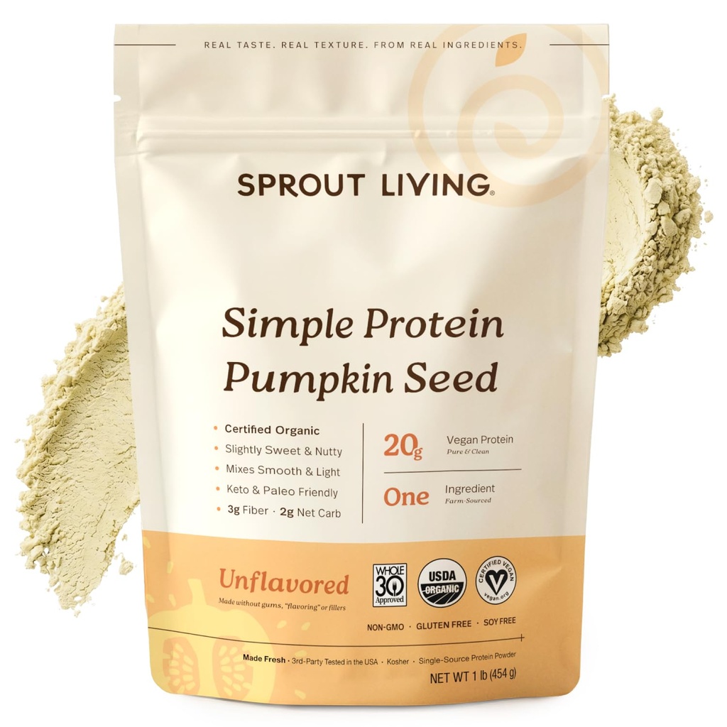 Sprout Living Organic Pumpkin Seed Protein Powder, Unflavored, 20 Grams of Plant Based Protein Powder Without Artificial Sweeteners, Non Dairy, Non-GMO, Vegan, Gluten Free (1 Pound, 15 Servings)