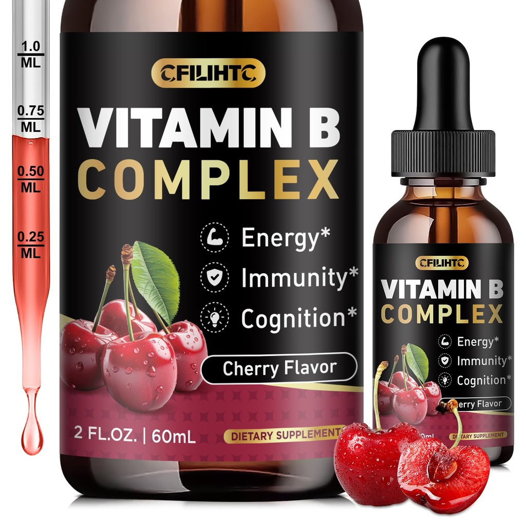 CFILIHTC Vitamin B Complex Liquid Drops, B Vitamins Complex Supplement with B1, B2, B3, B5 B6, B7, B9 & Methyl B12 Drops for Adults & Kids, Vegan, Cherry Flavor