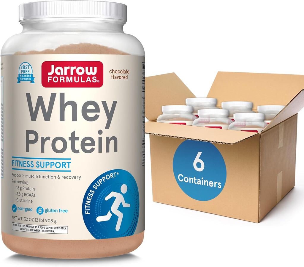 Jarrow Formulas Whey Protein With 18g of Protein, 3.8g of BCAAs,& Glutamine, Dietary Supplement for Muscle Function & Recovery Support, 32oz Chocolate Flavored Powder, Approx. 35 Day Supply, Pack of 6