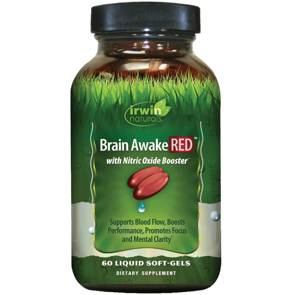 Irwin Naturals Brain Awake RED with Nitric Oxide Booster - 60 Liquid Soft-Gel - Support Brain Health & Optimize Performance - 20 Total Servings