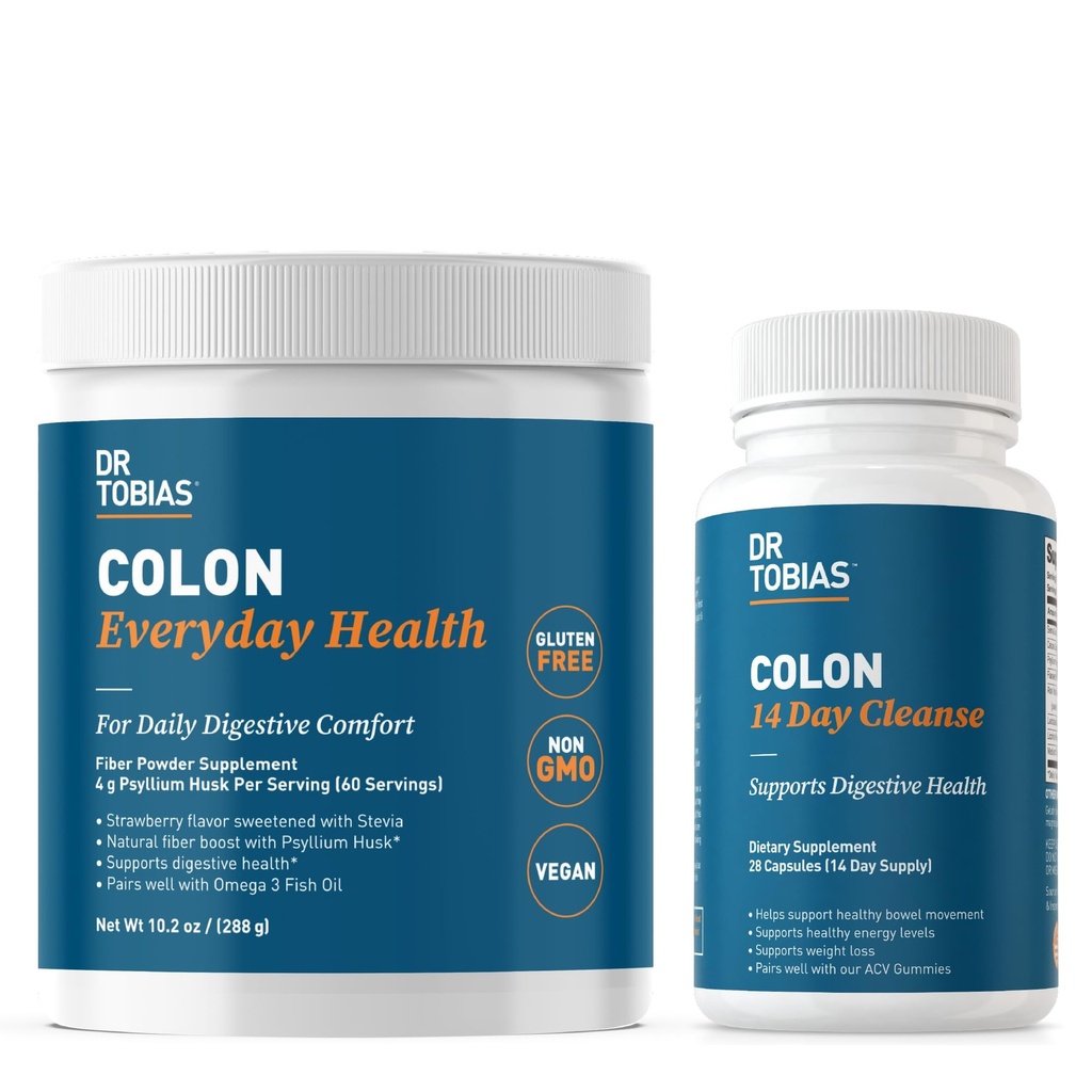 Dr. Tobias Colon 14 Day Cleanse and Colon Everyday Health, Advanced Gut Cleanse Detox & Daily Digestive Support with Psyllium Husk Fiber Powder, Digestive Wellness Bundle, Non-GMO