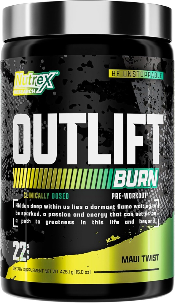 Nutrex Outlift Burn Pre-Workout Supplement for Energy, Focus & Endurance (Metabolito, L-Citrulina, Beta-Alanina e Cafeína) Fórmula termogênica para desempenho (22 Servings, Maui Twist)