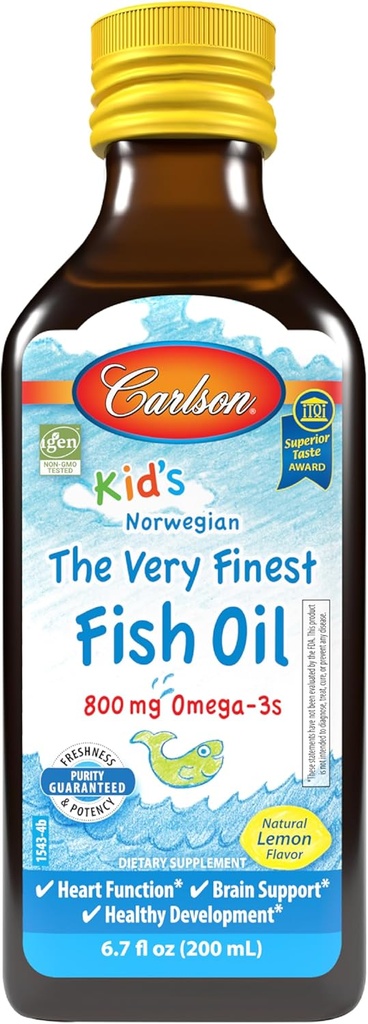 Carlson - Kid's The Very Finest Fish Oil Liquid, 800 mg Omega-3s, Norvegese, Wild-Caught Fish Oil, Omega 3 Liquid per bambini, Sostenibilmente Sourced, Limone, 200 ml