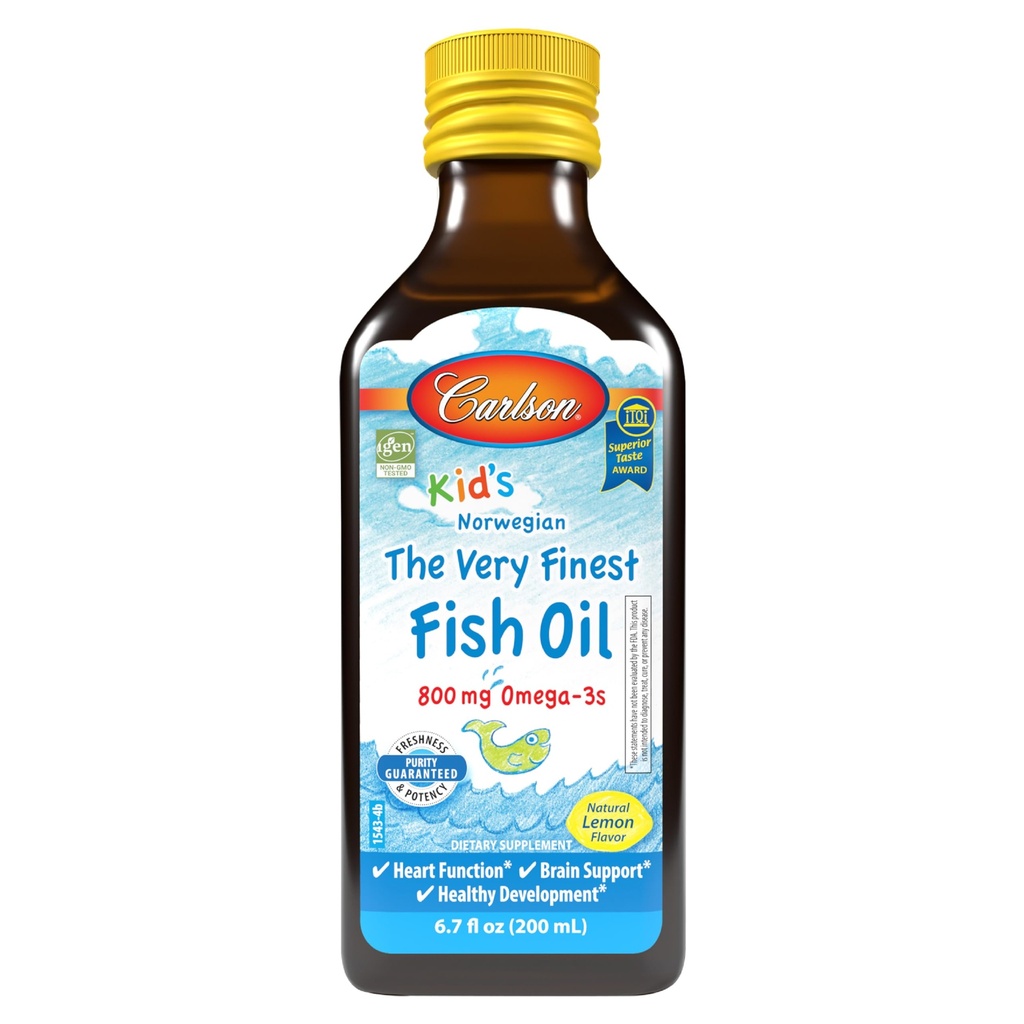Carlson - Kid's The Very Finest Fish Oil Liquid, 800 mg Omega-3s, Norwegian, Wild-Caught Fish Oil, Omega 3 Liquid for Kids, Sustainably Sourced, Lemon, 200 ml