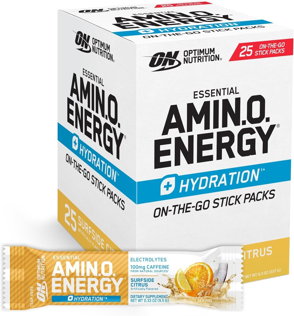 Optimum Nutrition Amino Energy Plus Hydration Packets, On-The-Go Caffiene Stick Packs, Citrus Surfside, 25 Count