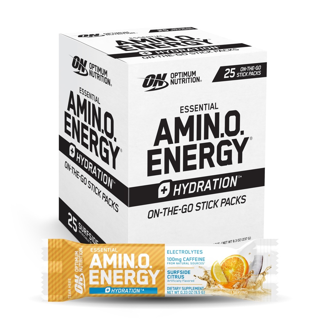 Optimum Nutrition Amino Energy Plus Hydration Packets, On-The-Go Caffiene Stick Packs, Surfside Citrus, 25 Count