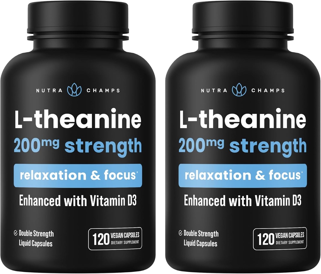 NutraChamps L-Theanine 200mg Capsules, Double-Strength L-Theanine chất lỏng với chất lỏng D3, dầu dừa, 120 capsulen (Pack of 2)