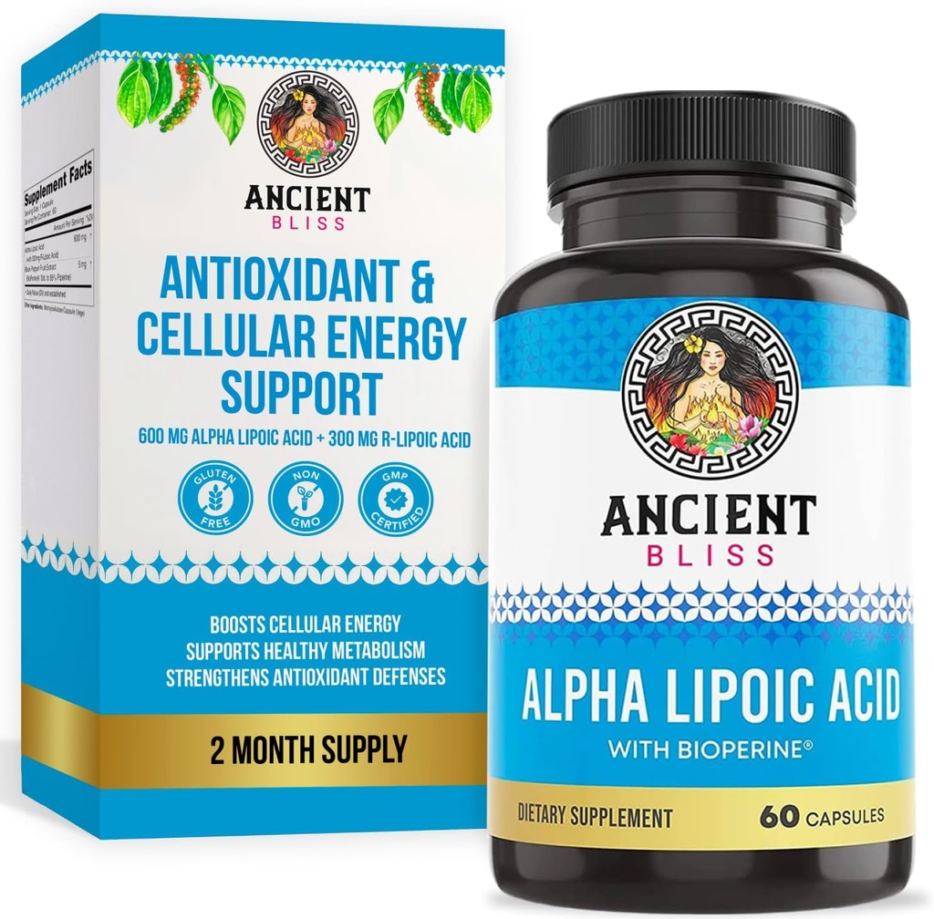 Ancient Bliss Alpha Lipoic Acid supplement, Antioxidant and Energy Support, ALA supplement with Bioperine, No Gluten and Soy, 600mg per Serving, 60 Vegan Capsules