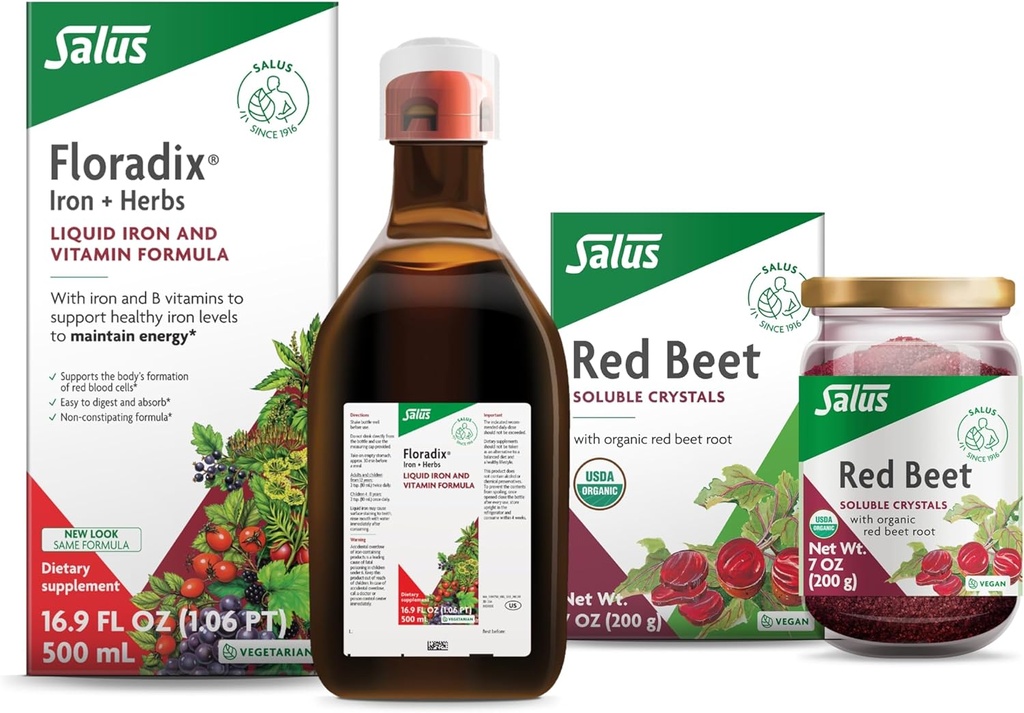 Floradix Iron &amp; Herbs (16.9 oz) " Salus Red Beet Crystals (7 oz) - Iron Supplement for Healthy Energy Support* " Organic Nutritional Beet Root Drink Mix