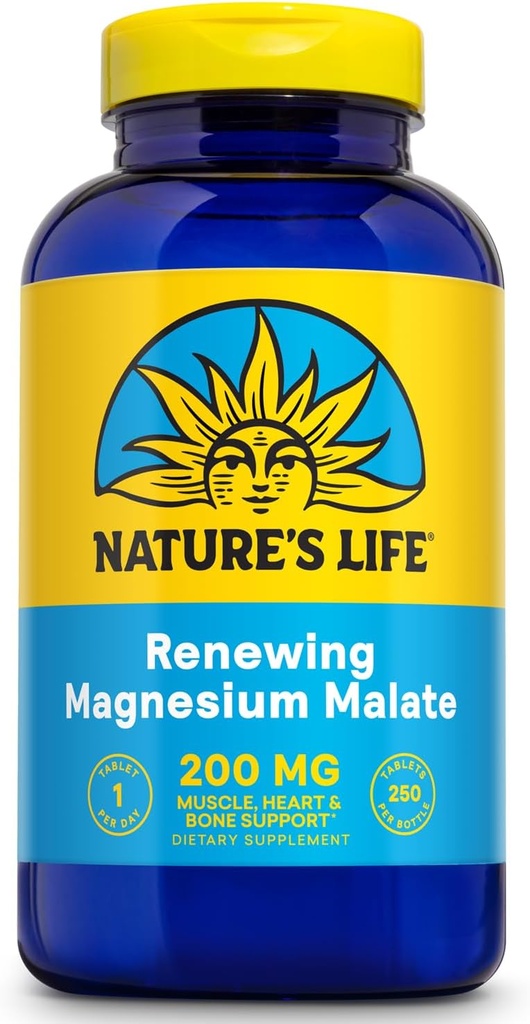 Nature's Life Renewing Magnesium Malate 200 mg - One Per Day - Muscle, Heart, Nerve Health, and Bone Support - Maximum Absorptie - Lab geverifieerd - 60-Day Garantie - 250 Servings, 250 Tablets