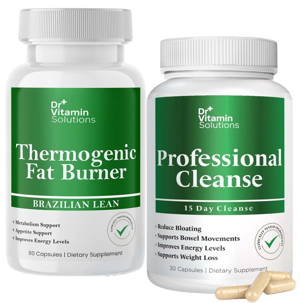 DR VITAMIN SOLUTIONS Thermogenic Fat Burner and Detox Cleanse Bundle - 15 Day Cleanse for Weight Management, Gut Health, and Bloating Relief - 90 Capsules