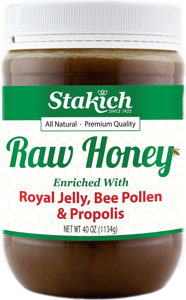 Stakich Royal Jelly, Bee Pollen & Propolis Raw Honey - Pure, Unprocessed, Unheated - 40 oz