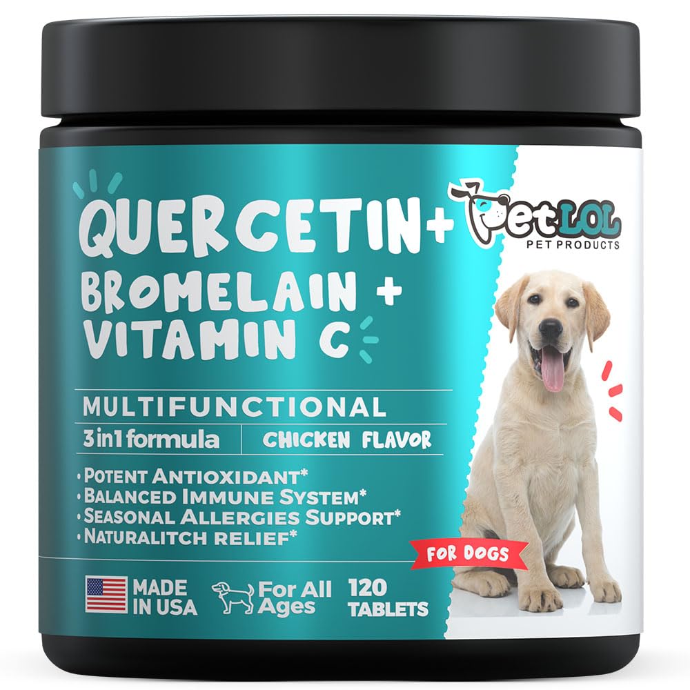 Quercetin for Dogs with Bromelain & Vitamin C - Allergy & Itch Relief, Immune & Inflammatory Support - 120 Chewable Tablets Made in USA