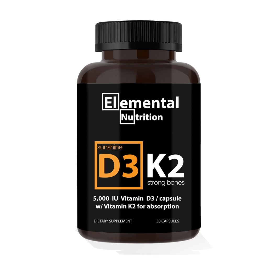 Vitamin K2 with D3 Extra Strength Supplement Bone | Heart Health Non-GMO Formula 5000 IU Vitamin D3 125 mcg & 100 mcg Vitamin K2 | Easy to Swallow Vitamin K & D, 30 Capsules.