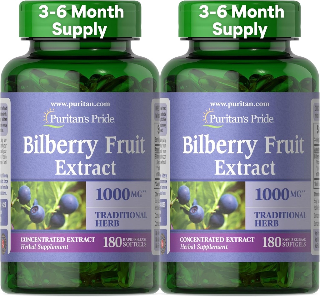 Puritan's Pride Premium Bilberry Fruit Extract 250 mg (1000mg equivalente), 4:1 Concentrado Suplemento Herbal Tradicional, Vitamina C, 3 a 6 Mes Fuente, 180 Rapid Release Softgels 2-Pack