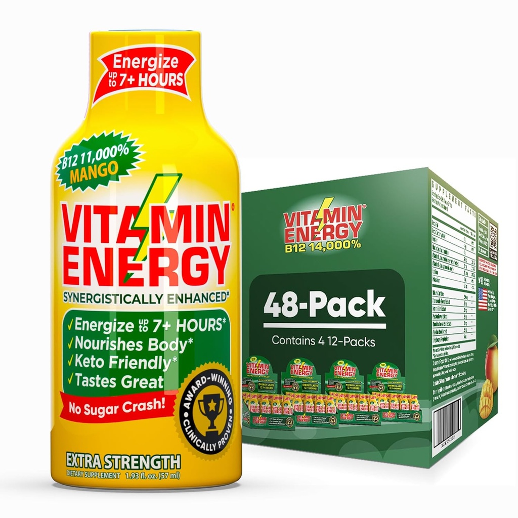 Energia Bitamina B12 %11,000% Energia gehigarria Shot Mango 48 Pack, 260mg kafeina naturala, B12 eta B6, foku nootropikoa, Vitality, Zero Sugar, Gluten-Free, Vegan, Kosher, 193 fl oz