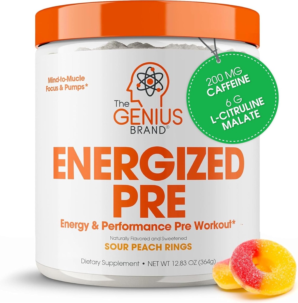 Genius Energized Pre Workout Powder – Kofein Infundirani pred-workout Booster dodatek z Beta Alanine & Alpha GPC, Brez umetnih sladil ali barv - 200mg Caffeine, 20 Serving, Sour Breach obroči