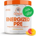 Genius Energized Pre Workout Powder - Kofeina Infused Pre- Workout Booster Suplement z Beta Alanine & Alpha GPC, Brak sztucznych słodzików lub barwników - 200mg Kofeina, 20 Słupki, Sour Peach Pierścienie