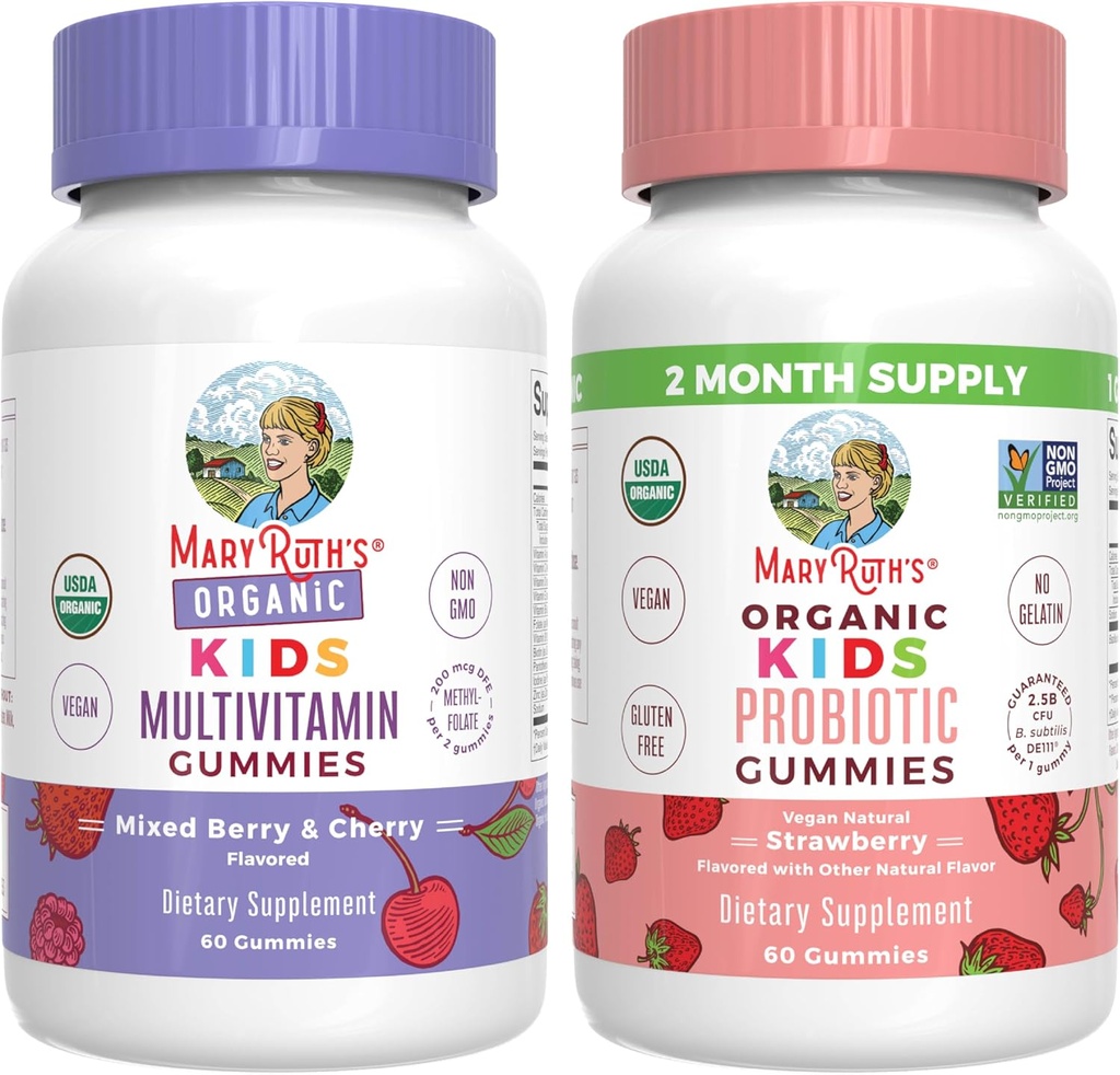 MaryRuth Organics Gummies for Kids–Multivitamin (Mixed Berry & Cherry), & Probiotic (Strawberry) | USDA Organic, No Gelatin! | Vitamine per Immunità, Salute Gut, &amp; Benessere generale | Vegan, Non OGM