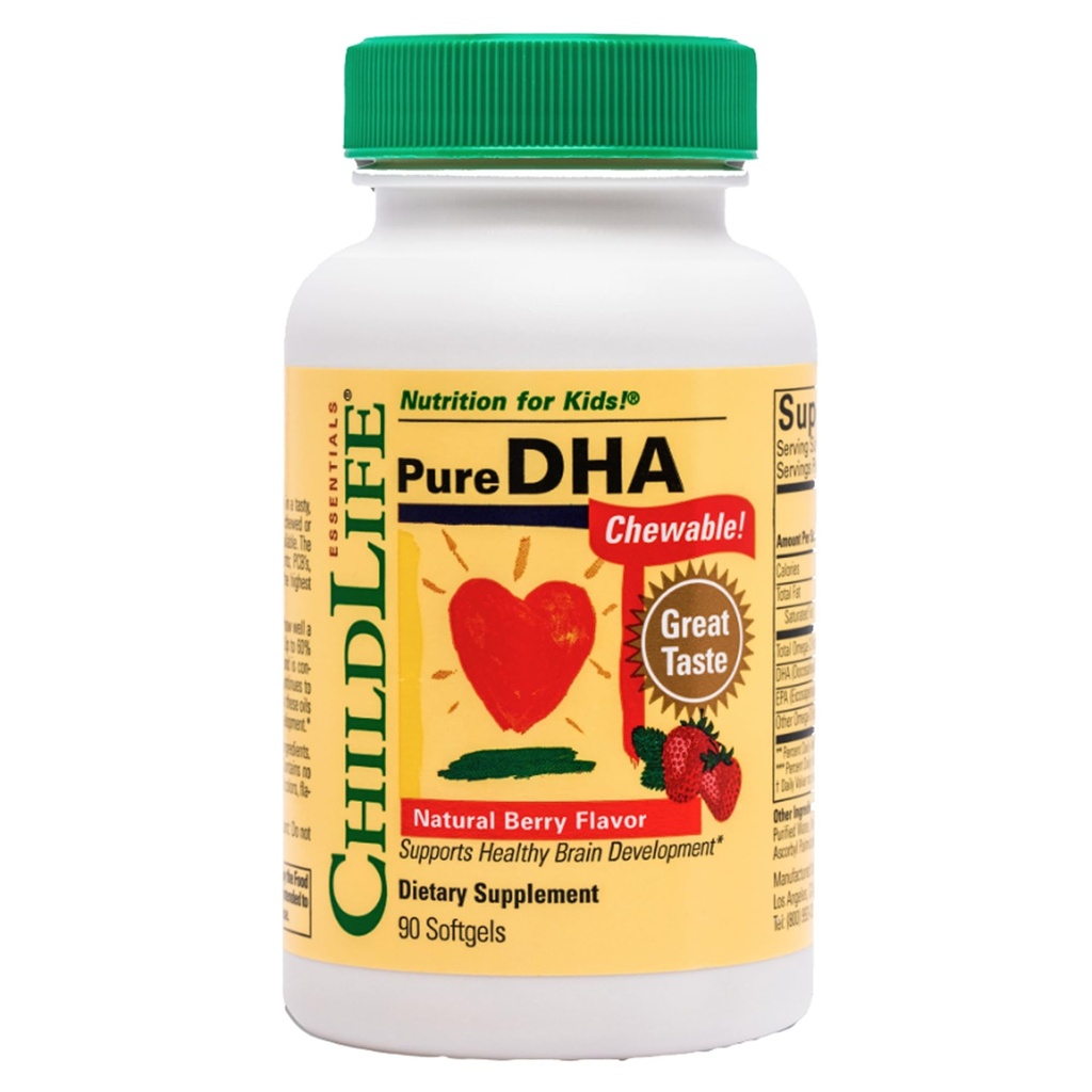 CHILDLIFE ESSENTIALS Pure DHA for Kids - Omega 3 Fish Oil Supplement for Children, Babies, & Toddlers, Pure DHA Softgel Chewables, Gluten Free, Natural Berry Flavor - 90 Softgels (Pack of 1)