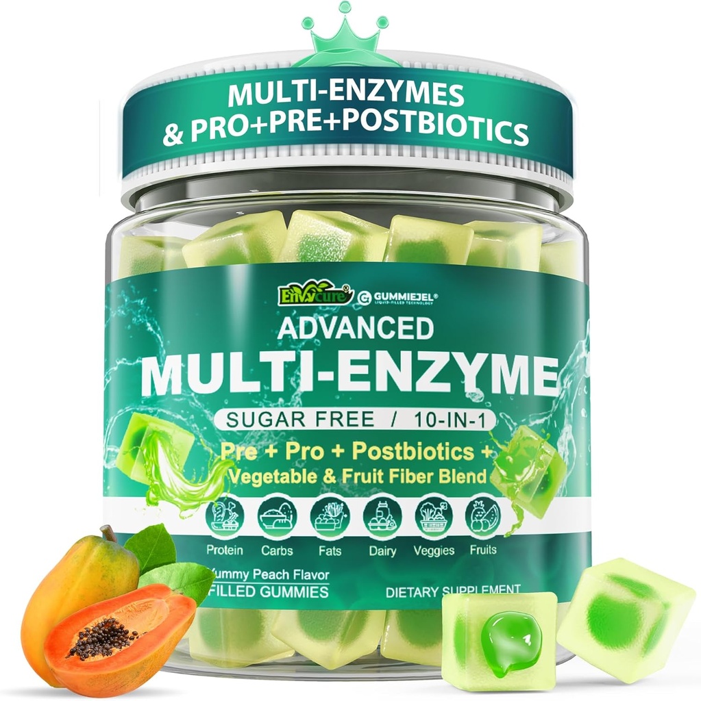 Digestieve enzymen Gummies voor vrouwen en mannen, multi-enzymen met 90miljard CFU Probiotica en Prebiotica & Postbiotica, Plantaardige & Fruit Fiber Blend, Super Enzymen voor Digestieve & Gut Health,Immune,60Cts