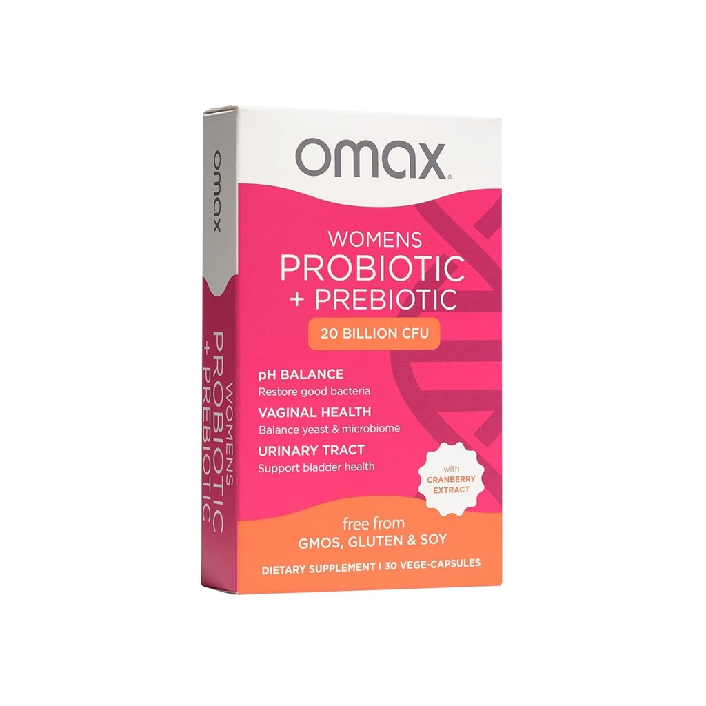 Omax3 Prebiotics and Probiotics Complex for Women, pH Balance, Vag Health, Urinary Tract, Yeast & BV Prevention, Lactobacillus & Bifidobacterium | Vegan, Organic, Gluten Free | 30 Vege-Capsules