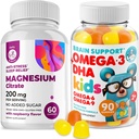 Omega3 给有Omega 6&9和Magnesium Gummys的孩子的Gummys - DHA儿童大脑补充心脏和视觉支持 - 无鱼油和Gluten自由免疫健康与无糖镁