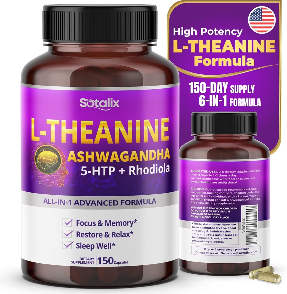 Sotalix L-Theanine osagarria Ashwagandha 5-HTP + Rhodiola - Focus & Memory, Restore & Relax, Sleep Quality - USA Made & Tested (1eko paketea)