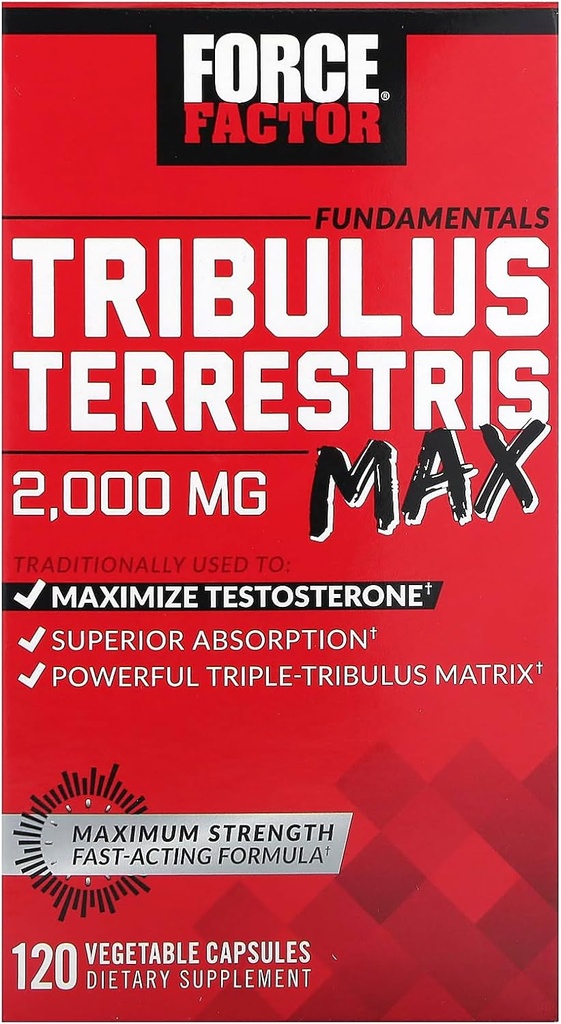 FORCE FACTOR Tribulus Terrestris Max für Männer, Testosteron-Booster und männliche Vitalitätsergänzung, für höhere Absorption, 2000mg, 120 Kapseln