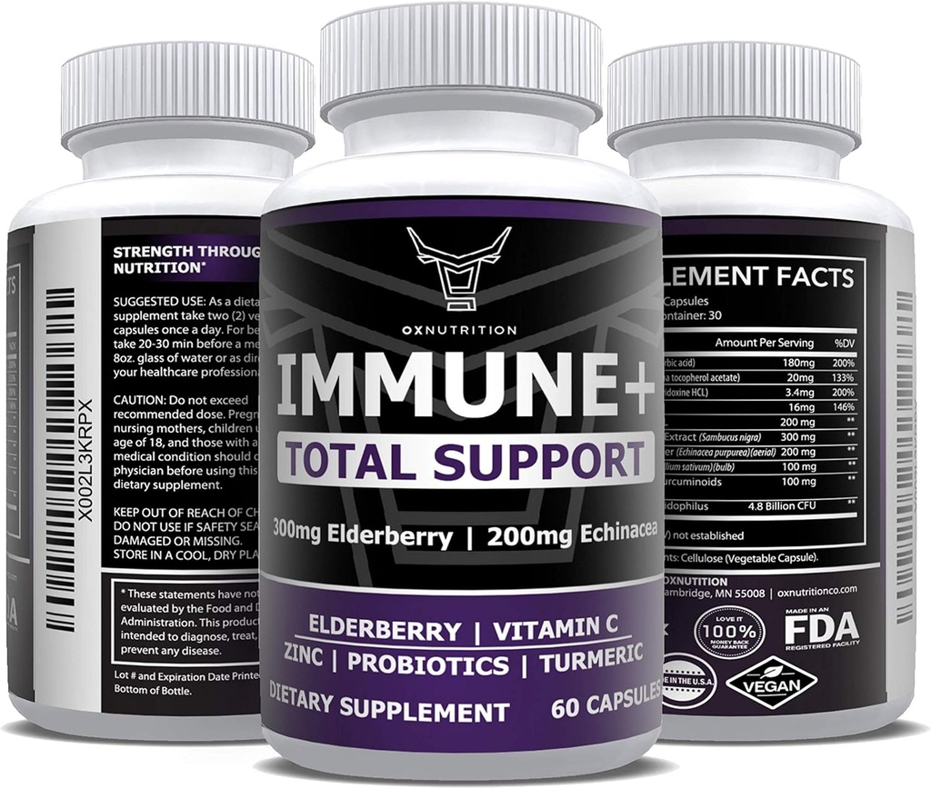 OX Nutrition 10 en 1 Elderberry, Vitamina C, Zinc, Vitamina B6, Echinacea, Garlic, Turmeric, L-Gluttamina HCLC i Lactobacilis Probiotics i antixids per a la defensa d'Imune