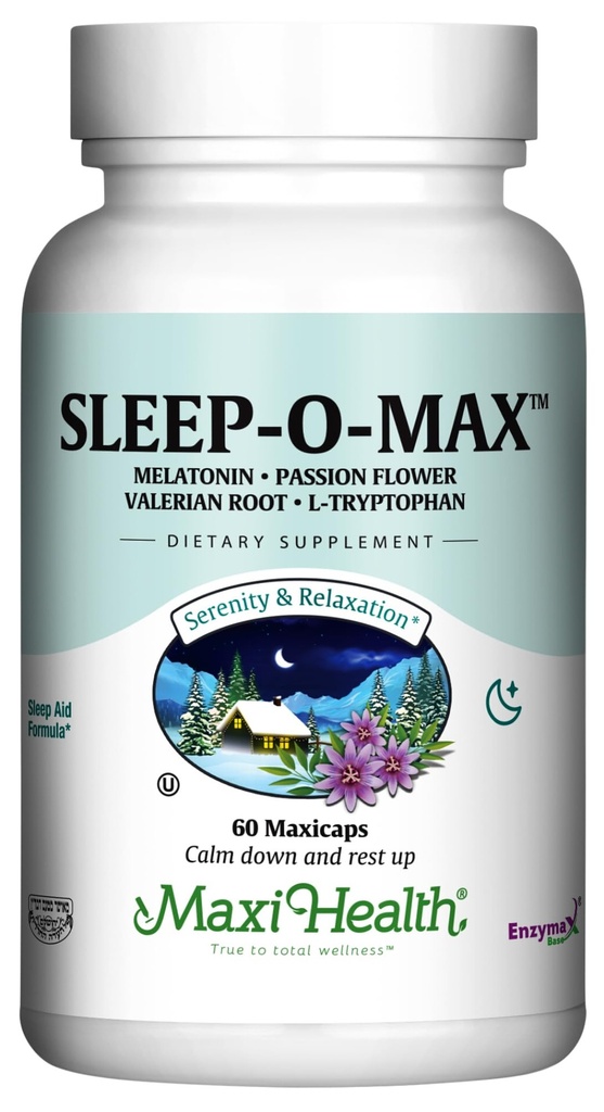 Maxi Health Adults Herbal Sleep-O-Max with Valerian Root, Melatonin, Tryptophan, Passionflower - Natural Sleep Supplement - Calm Sleep Support Formula