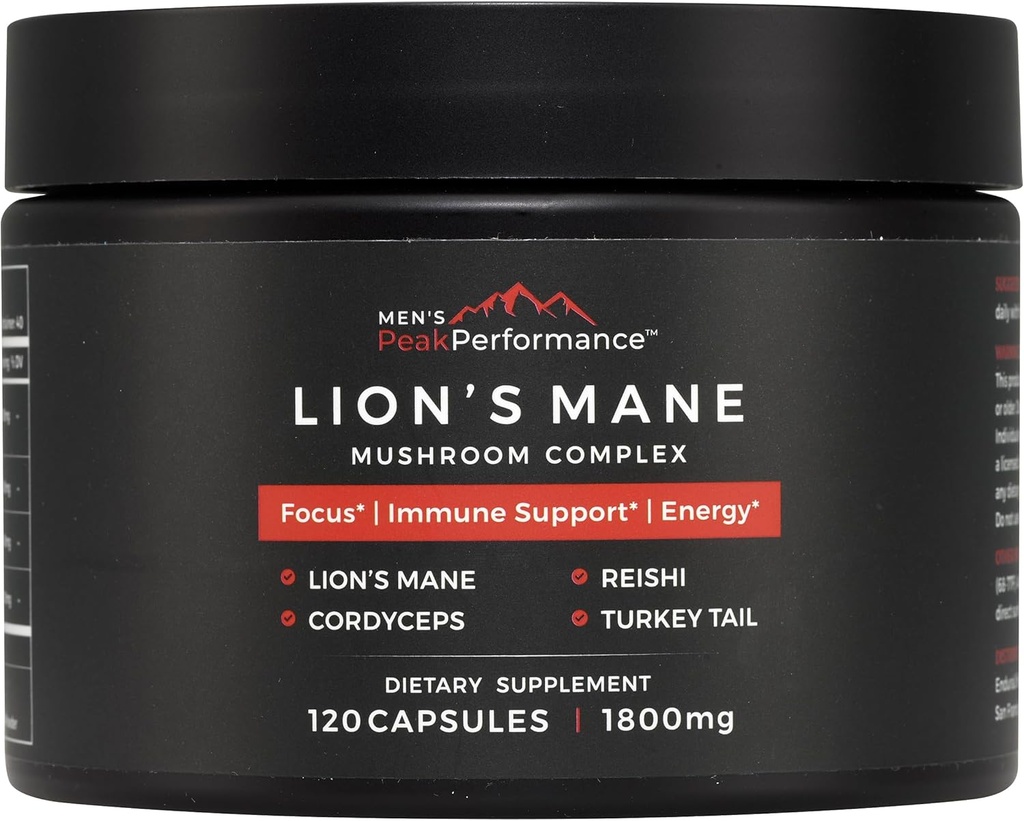 MEN 's PeakPerformance Lion' s Mane Houbový dodatek Kapsle s Reishi, Cordyceps, Turkey Tail - Brain Nootropic for Memory, Focus, Natural Energy, & Imunitation Supplement (120 Kapsle)