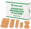 Value Aid Assorted Washproof Plasters - Pack of 100 Individually Wrapped Hypoallergenic, Latex-Free Adhesive - 5 Popular Sizes for First Aid Kit & On-The-Go Medical Supplies