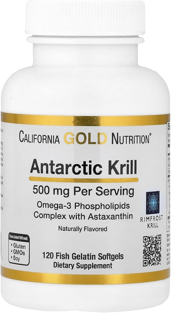 California Gold Nutrition Antarctic Krill Oil, Ultra-High Omega-3 con Astaxanthin, Natural Strawberry & Lemon Flavor, Non GMO, Gluten Free, 500 mg, 120 Fish Gelatin Softgels, 2 Pack