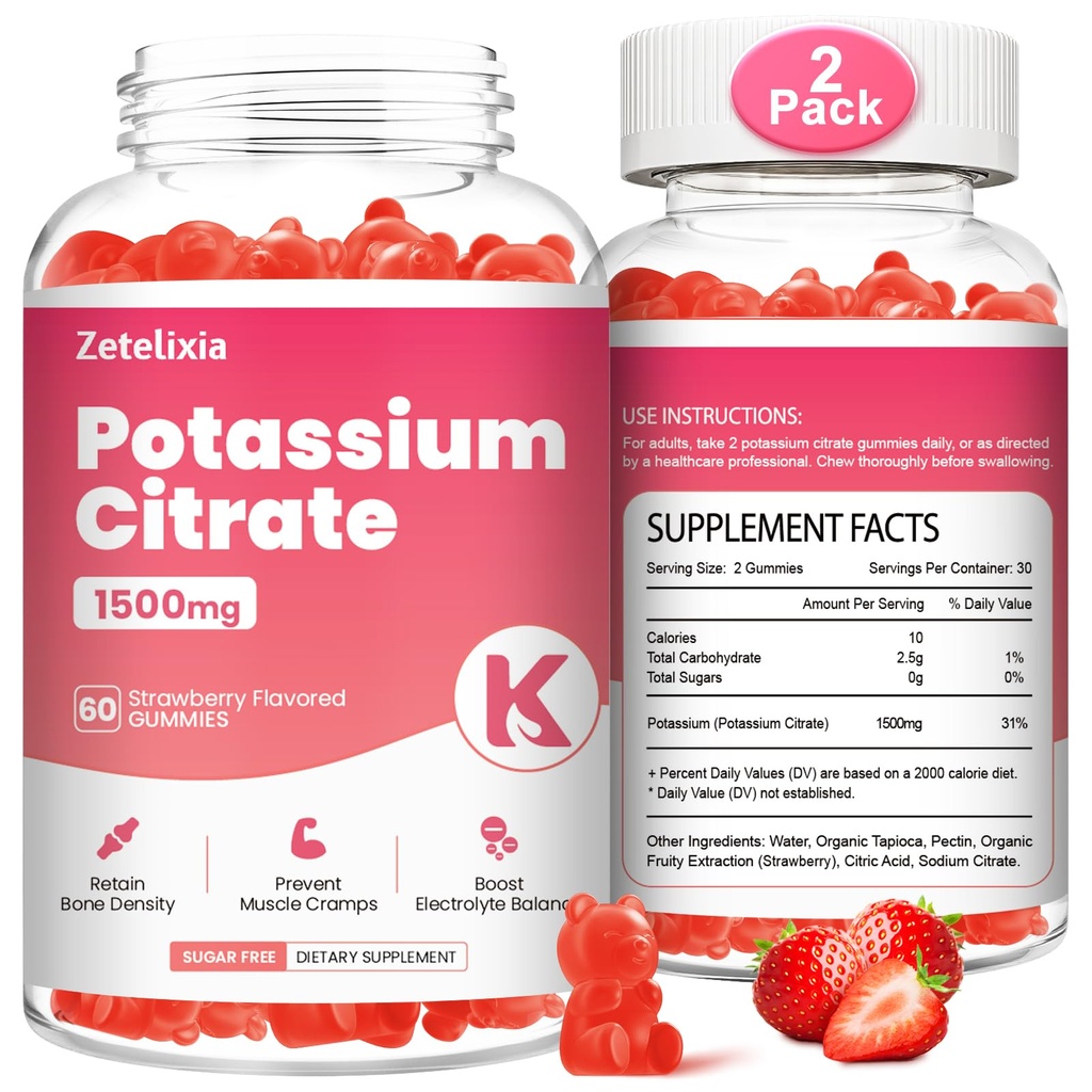 2 Pack Potassium Gummies for Adults Women & Men, Potassium Citrate Supplement, Support Leg Cramps, Muscle Health & Electrolyte Balance, Sugar Free, Organic, Vegan, Strawberry, 120 Cts
