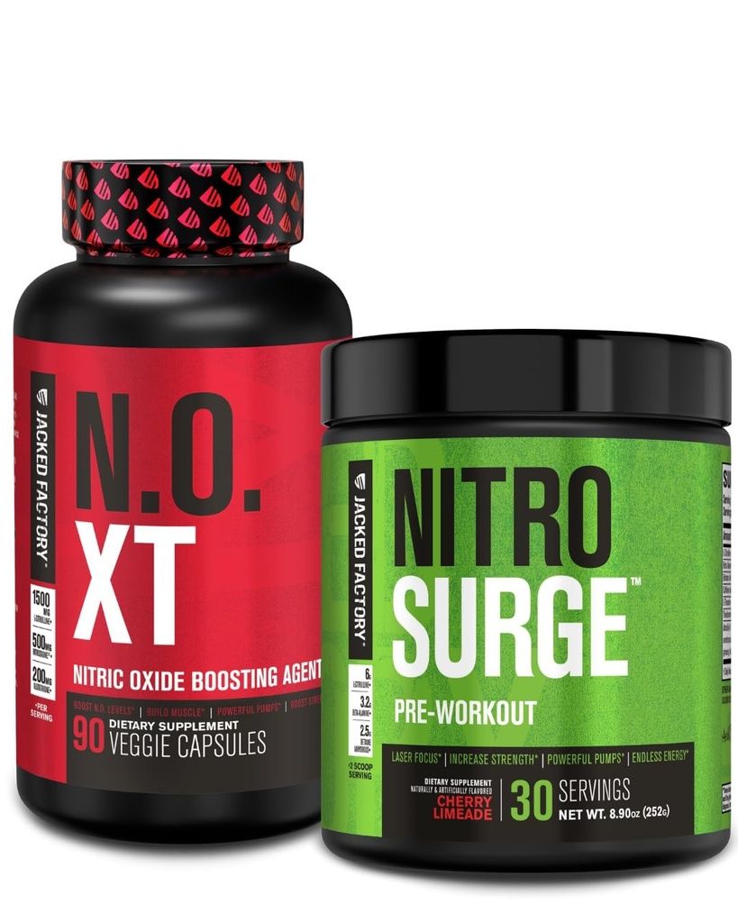 Jacked Factory Pre Workout Stack - N.O XT Nitric Oxide Booster & NITROSURGE High Energy Pre Workout Fuel