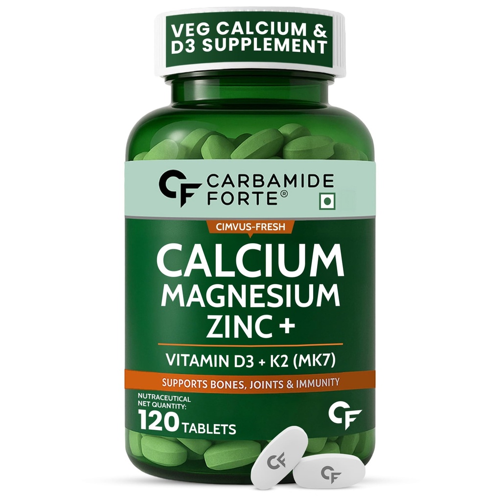 Carbamide Forte Veg Calcium And Vitamin D3 Tablets | Calcium Tablets For Women & Men | Magnesium Zinc Supplement With Vitamin D3 + K2 MK7 To Support Bones Health, Joints & Immunity - 120 Tablets