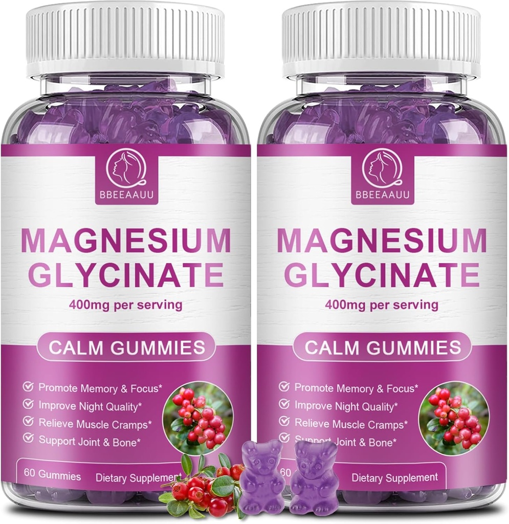 Magnesium Glycinate Gummies 400 mg, Absorpsi Tinggi Magnesium Glycinate Suplemen dengan Potasium, Kalsium, Vitamin D, B6 & CoQ10 untuk Malam, Muscle Dukung Cranberry Flavor 60 (2 Packs)