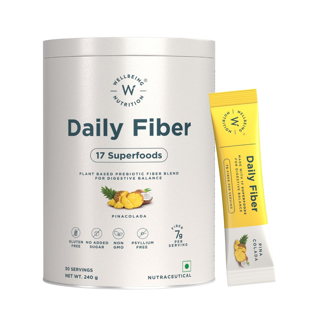 WELLBEING NUTRITION Daily Fiber Powder|Weight Management, Manages Sugar Control, Bloating, Constipation & Acidity Relief|Organic Prebiotic Digestive Fiber Supplement|Pina Colada|30 Servings, 1 count