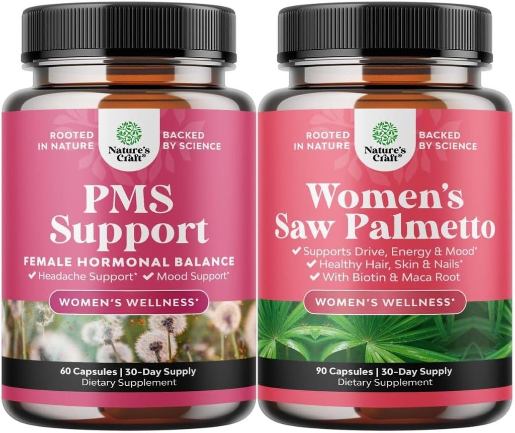 Bundle de soporte PMS e Saw Palmetto para mulleres - equilibrio hormonal con DIM, Chasteberry, Black Cohosh & Ashwagandha para período Cramps e Saw Palmetto Extract con Maca Root & Biotin para perda de cabelo