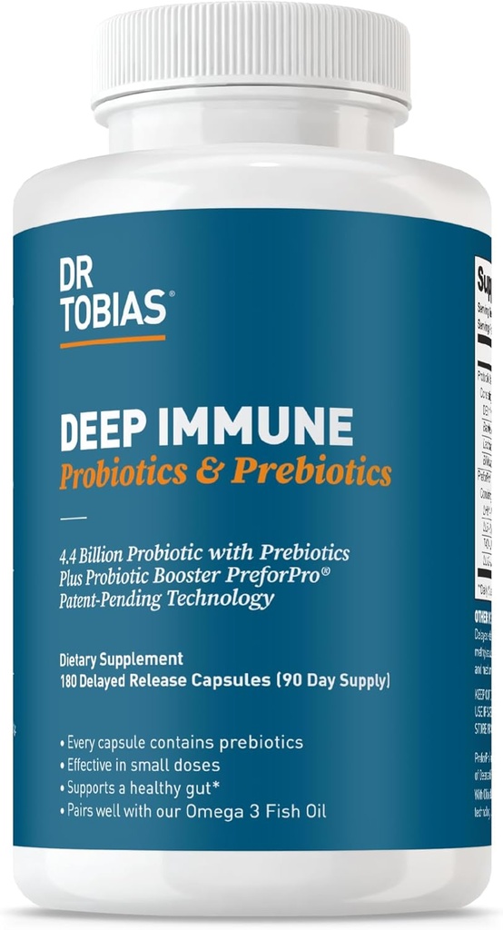Tobias Deep Immunobiootit & Prebiootit, Dual Action Digestion & Immunosupport PreforPro Prebiootit & Viivästynyt julkaisu Spore Muodostaa Probiootit naisille & miehille, 180 kapselia, 90 palvelinta
