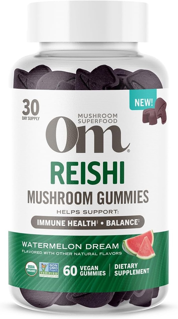 Om Mušroom Superfood Reishi Gummies, USA Grown Organic Huby, Supports Immune Health, Balance, & Stres, 60 Gróf, 30 Servis Gummy Supplements