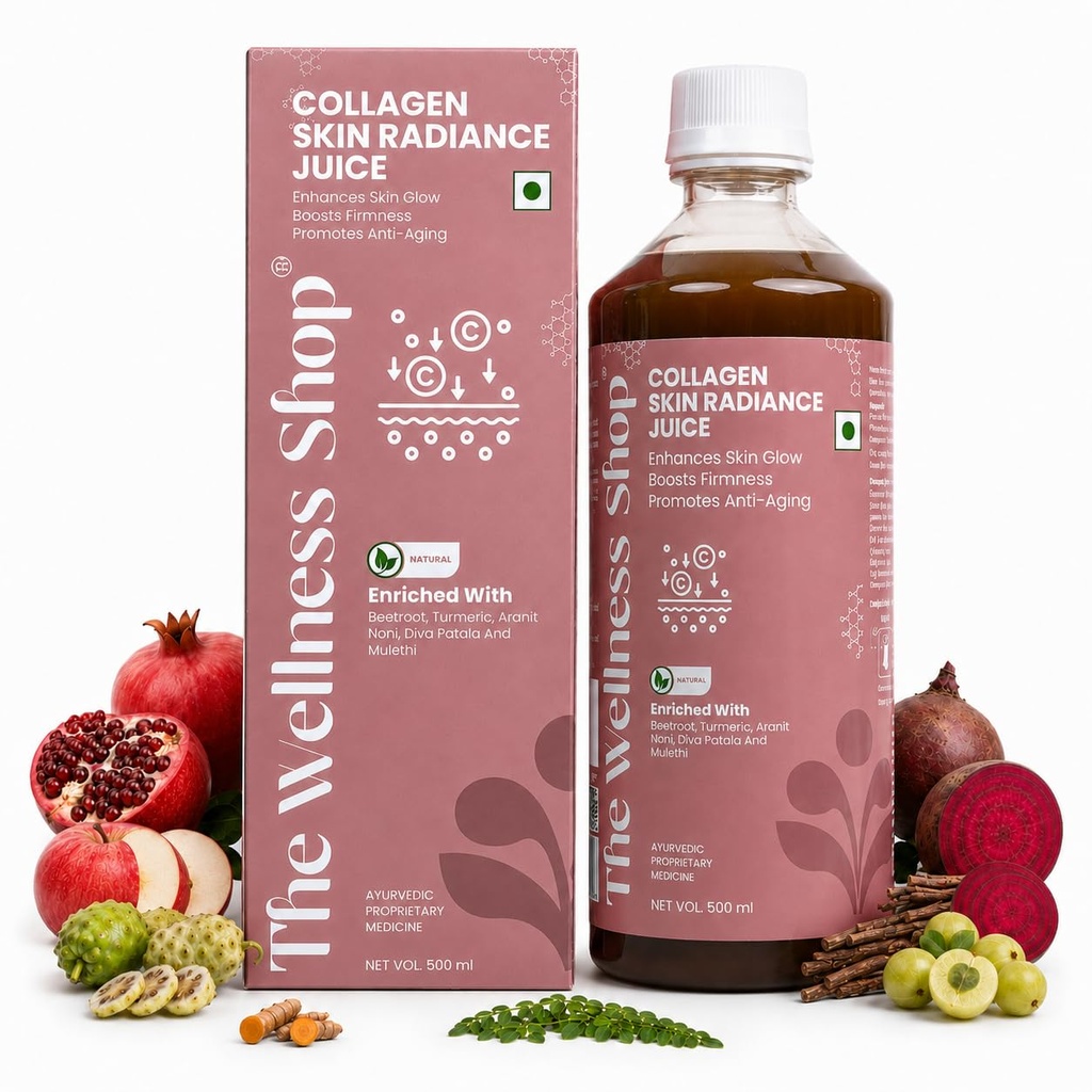 The Wellness Shop Collagen Skin Radiance Juice 500ml | Natural Ayurvedic Supplement for Skin Glow and Healthy Hair | Sea Buckthorn Moringa Herbal Drink | Daily Beauty Wellness Juice for Men Women